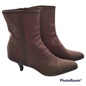 Prada Vintage BROWN Booties Nylon Sateen Spellout Logo Block Ankle Kitten Heel